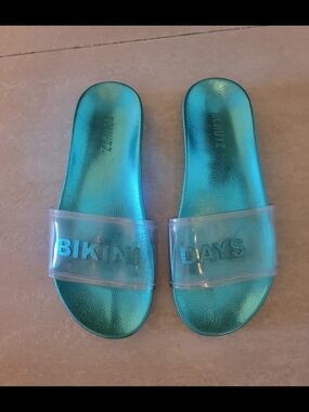 SCHUTZ Teal Iridescent METALLIC Slide Sandals with Clear Strap